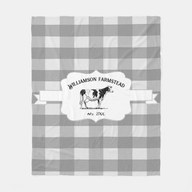 Grey Buffalo Plaid Farm Cow Fleece Blanket (Front)