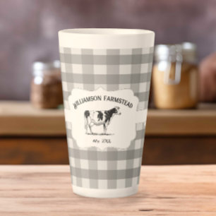 Grey Buffalo Plaid Farm Cow Latte Mug
