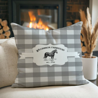 Grey Buffalo Plaid Farm Horse Cushion