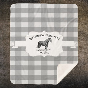 Grey Buffalo Plaid Farm Horse Sherpa Blanket