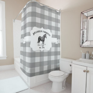 Grey Buffalo Plaid Farm Horse Shower Curtain
