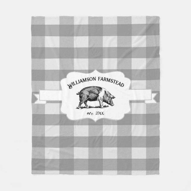 Grey Buffalo Plaid Farm Pig Fleece Blanket (Front)