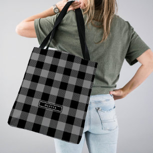 Grey Buffalo Plaid Pattern Monogrammed Bridesmaid Tote Bag