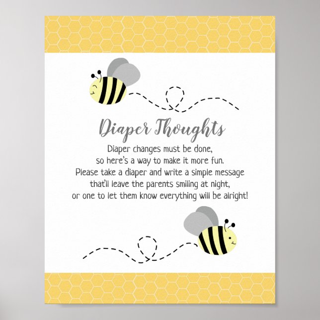 Grey Bumble Bee Baby Shower Diaper Thoughts Game Poster (Front)