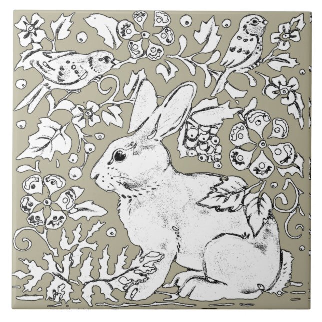 Grey Bunny Rabbit Bird Floral Sketch Drawing Tile (Front)