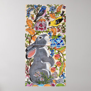 Grey Bunny Rabbit Jacobean Floral Bird Tile Poster
