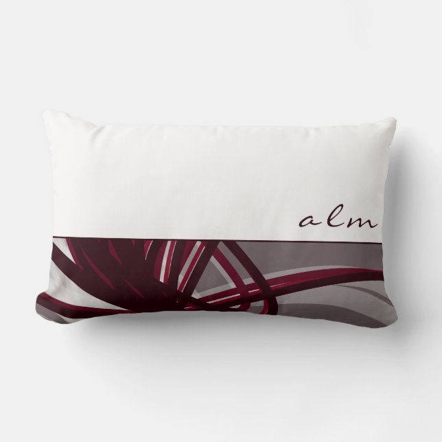 Grey & Burgundy Abstract Ribbons | Monogram Lumbar Cushion (Front)