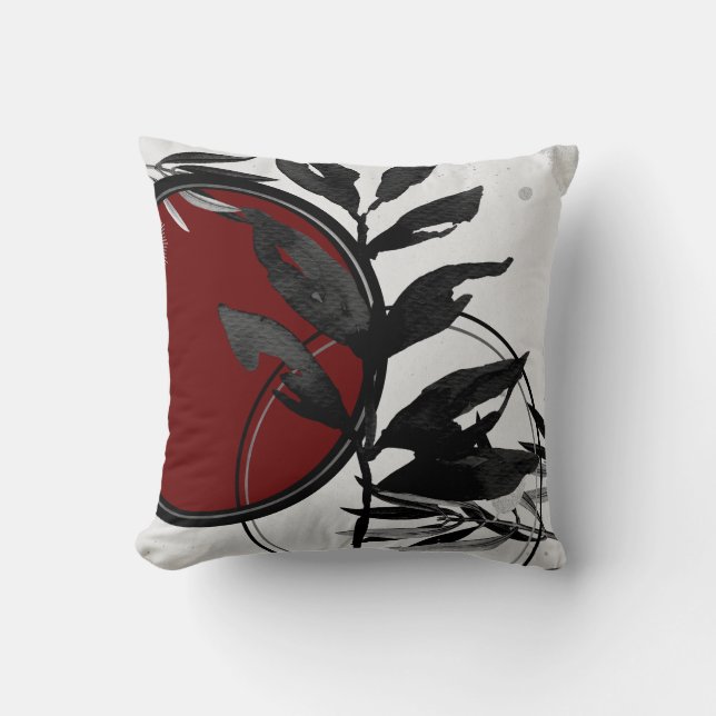 Grey Burgundy & Black Artistic Watercolor Leaves Cushion (Front)