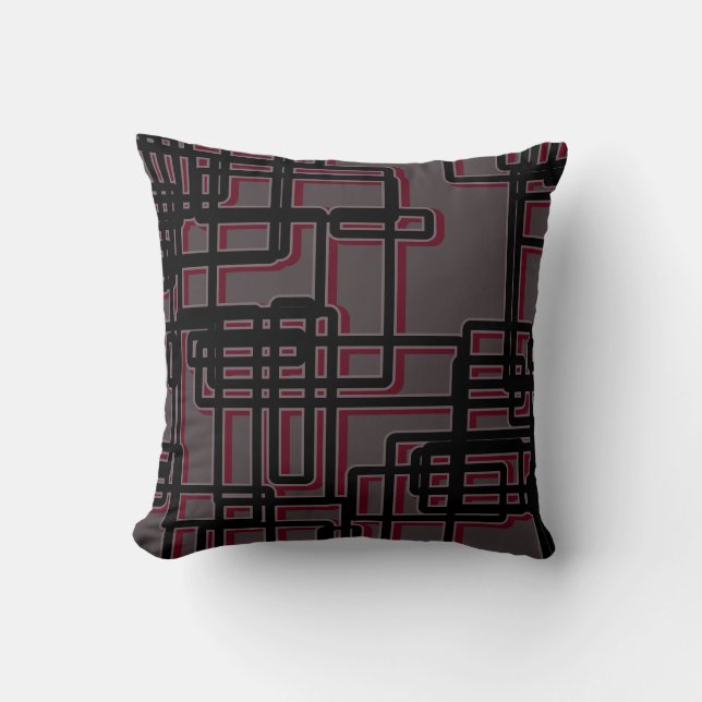 Grey Burgundy & Black Geometric Mid-Century Modern Cushion (Front)