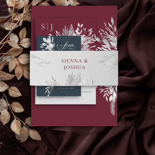 Grey Burgundy Botanical Foliage Personalised Invitation Belly Band