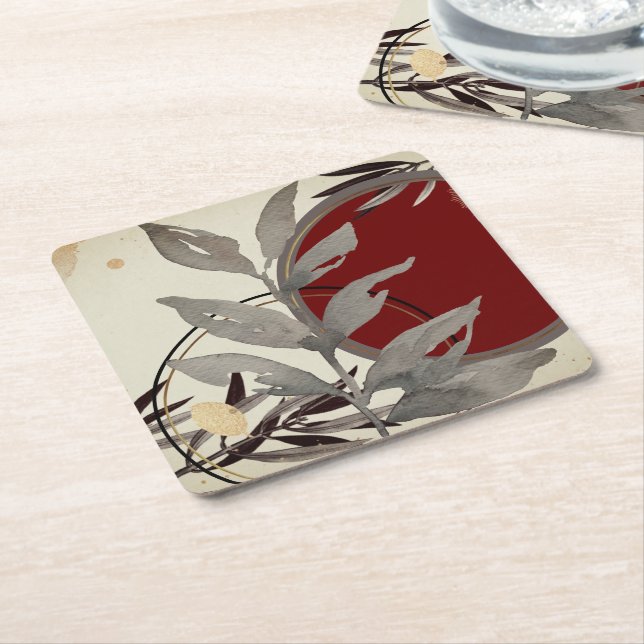 Grey Burgundy & Cream Artistic Abstract Watercolor Square Paper Coaster (Angled)