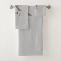 Grey Burgundy Family Name Monogram Bath Towel Set