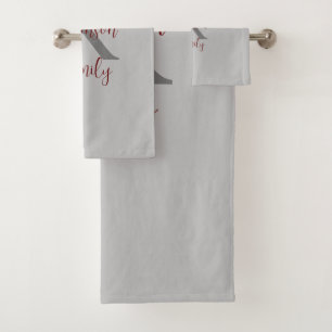 Grey Burgundy Family Name Monogram Bath Towel Set