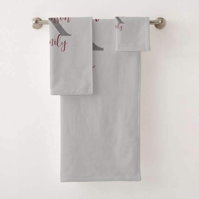 Grey Burgundy Family Name Monogram Bath Towel Set (Insitu)