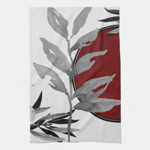 Grey & Burgundy Modern Watercolor Leaves Tea Towel