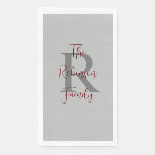 Grey Burgundy Name Monogram Paper Guest Towel Napkin