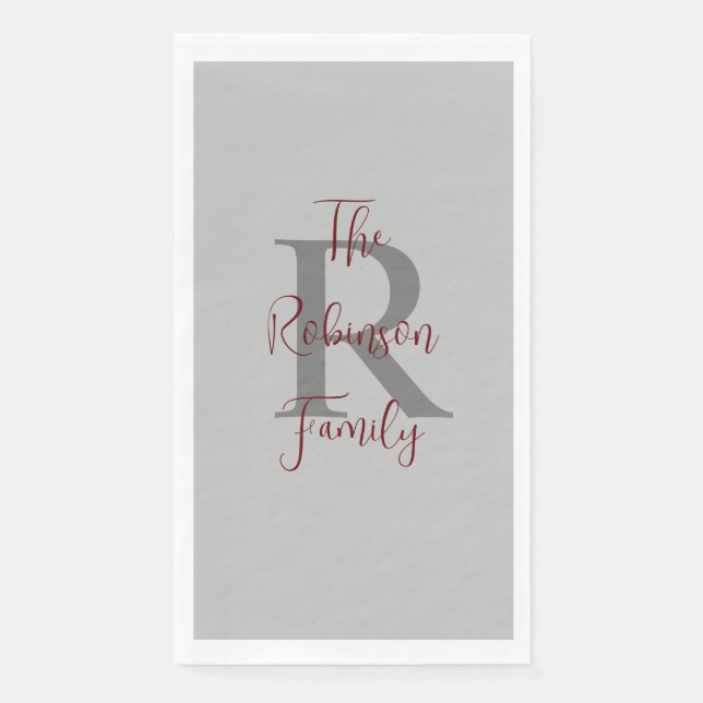Grey Burgundy Name Monogram Paper Guest Towel Napkin (Front)