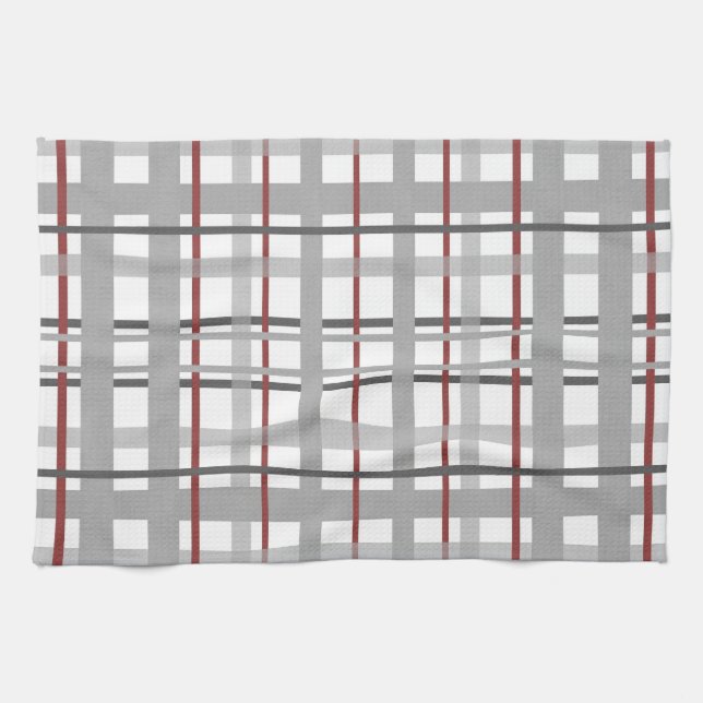 Grey Burgundy Plaid Stripes Pattern Tea Towel (Horizontal)
