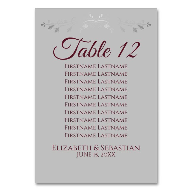 Grey & Burgundy Simple Wedding Seating Chart Table Number (Front)