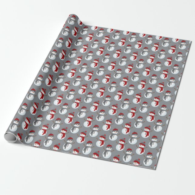 Grey Burgundy Snowman Pattern Christmas Unique Wrapping Paper (Unrolled)