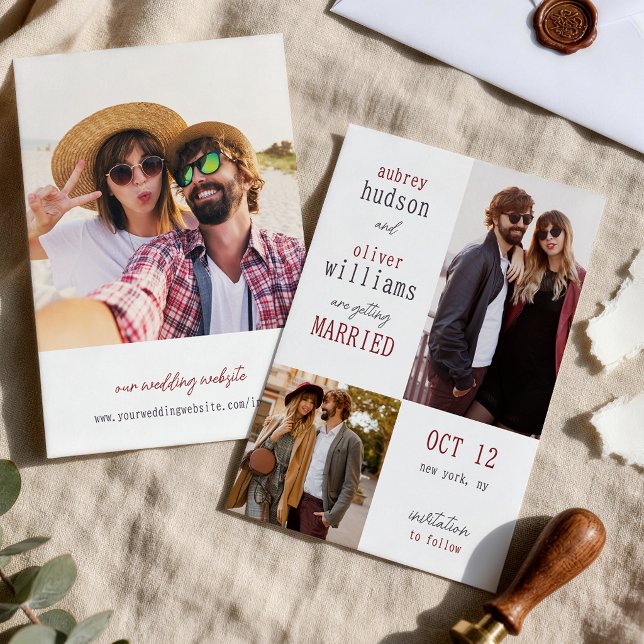 Grey Burgundy Typography Photos Wedding Save The Date (Creator Uploaded)