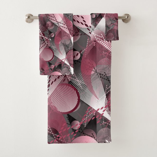 Grey, Burgundy, white abstract pattern. Bath Towel Set (Insitu)