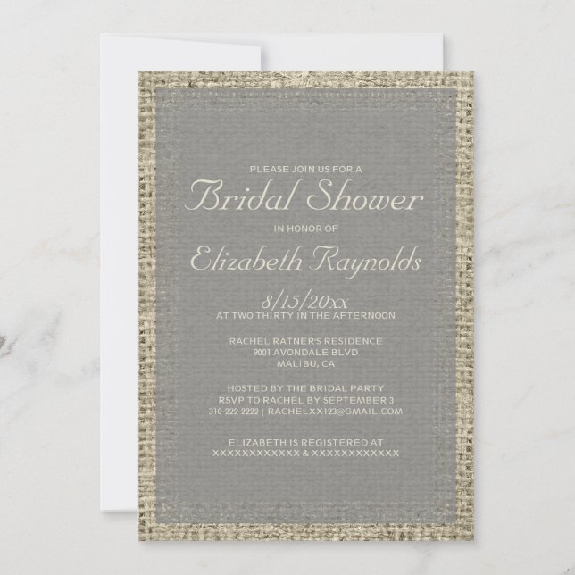 Grey Burlap Bridal Shower Invitations (Front)