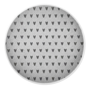 Grey Burlap Whimsical Hearts Rustic Farmhouse Ceramic Knob
