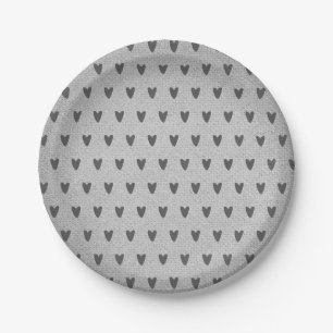 Grey Burlap Whimsical Hearts Rustic Farmhouse Paper Plate
