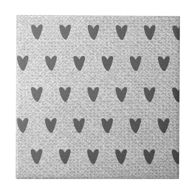 Grey Burlap Whimsical Hearts Rustic Farmhouse Tile (Front)
