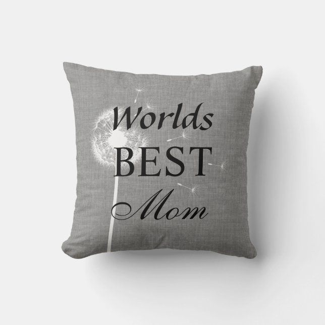 Grey Burlap Worlds Best Mum Pillow with Dandelion (Front)