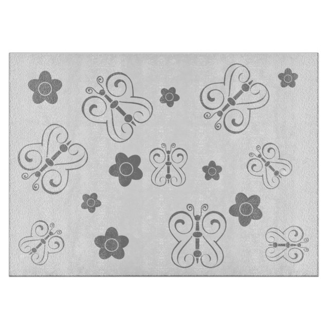 Grey Butterflies and Posies Cutting Board (Front)