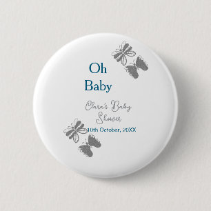 Grey butterfly blue baby shower oh baby modern ext 6 cm round badge