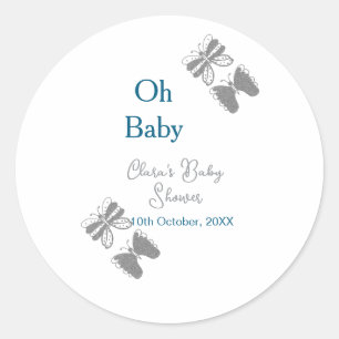 Grey butterfly blue baby shower oh baby modern ext classic round sticker
