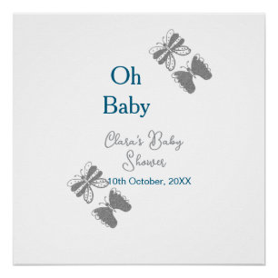 Grey butterfly blue baby shower oh baby modern ext poster