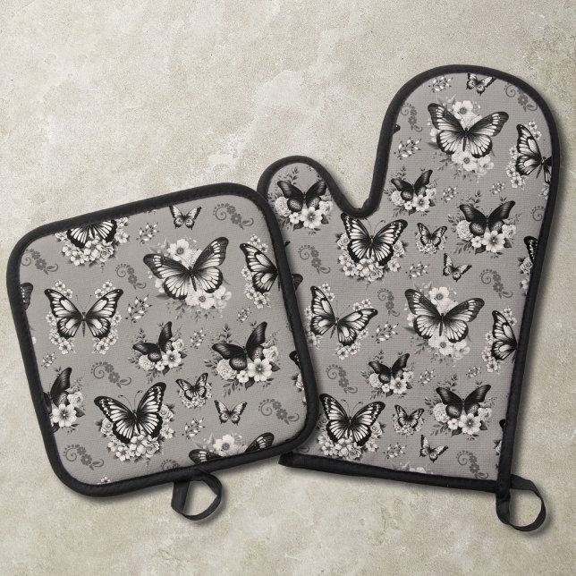 Grey Butterfly Pattern Oven Mitt & Pot Holder Set (Creator Uploaded)