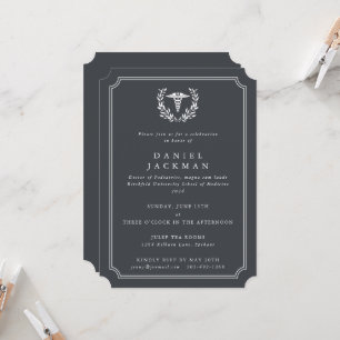 Grey Caduceus+Laurel Medical School Graduation Invitation