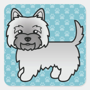 Grey Cairn Terrier Cartoon Dog Illustration Blue Square Sticker