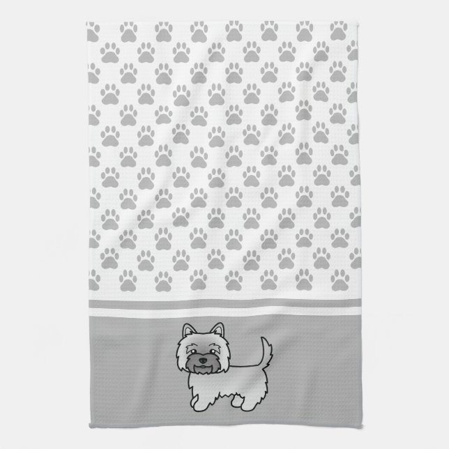 Grey Cairn Terrier Dog Drawing & Grey Paws Pattern Tea Towel (Vertical)