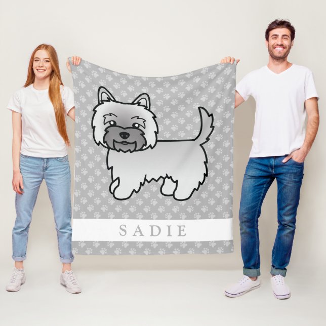 Grey Cairn Terrier Dog Illustration Custom Name Fleece Blanket (In Situ)