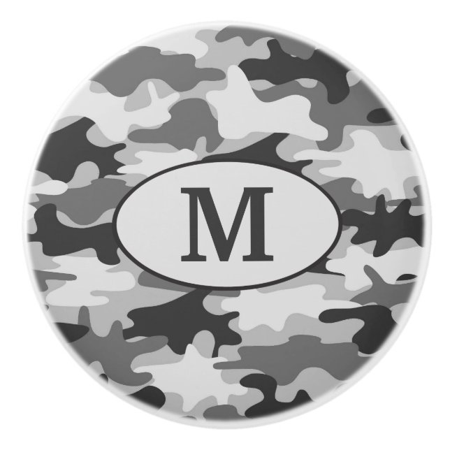 Grey Camo Camouflage Monogram Initial Personalised Ceramic Knob (Front)
