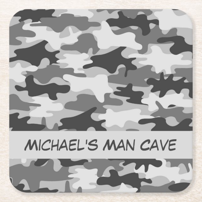 Grey Camo Camouflage Name Personalised Man Cave Square Paper Coaster (Front)