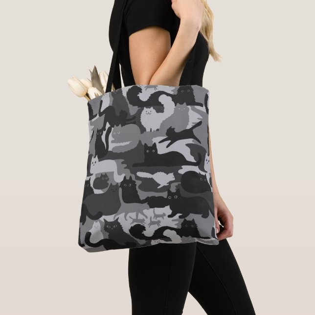 Grey Camouflage Cats Pattern Grey Kitty Cats Camo Tote Bag (Close Up)