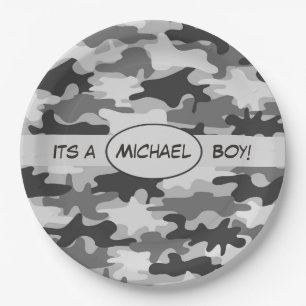 Grey Camouflage Its A Boy Name Personalised Paper Plate