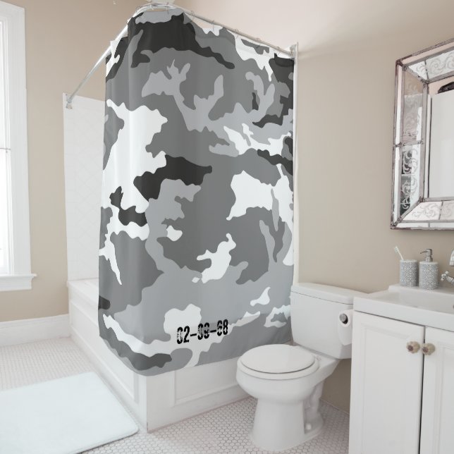 Grey camouflage pattern shower curtain (In Situ)