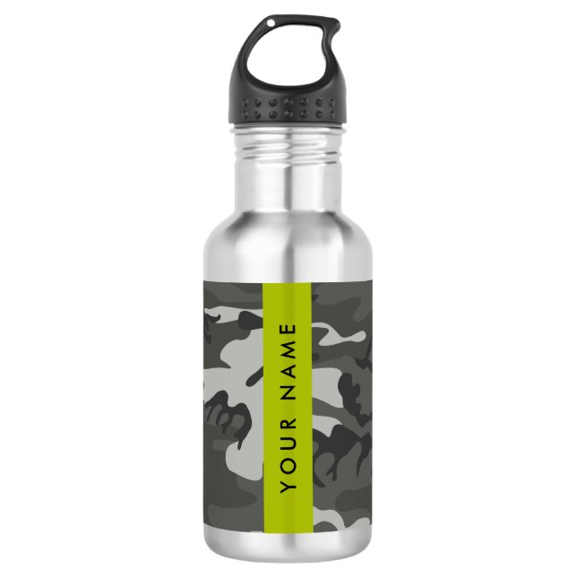 Grey Camouflage Pattern, Your name, Personalise 532 Ml Water Bottle (Front)