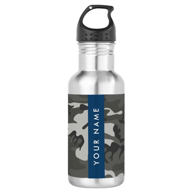 Grey Camouflage Pattern, Your name, Personalise 532 Ml Water Bottle (Front)