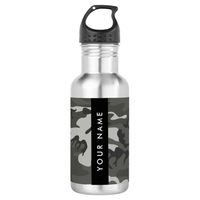 Grey Camouflage Pattern, Your name, Personalise 532 Ml Water Bottle (Front)