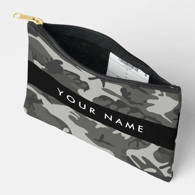 Grey Camouflage Pattern, Your name, Personalise Accessory Pouch (Open)