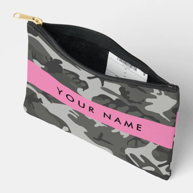 Grey Camouflage Pattern, Your name, Personalise Accessory Pouch (Open)